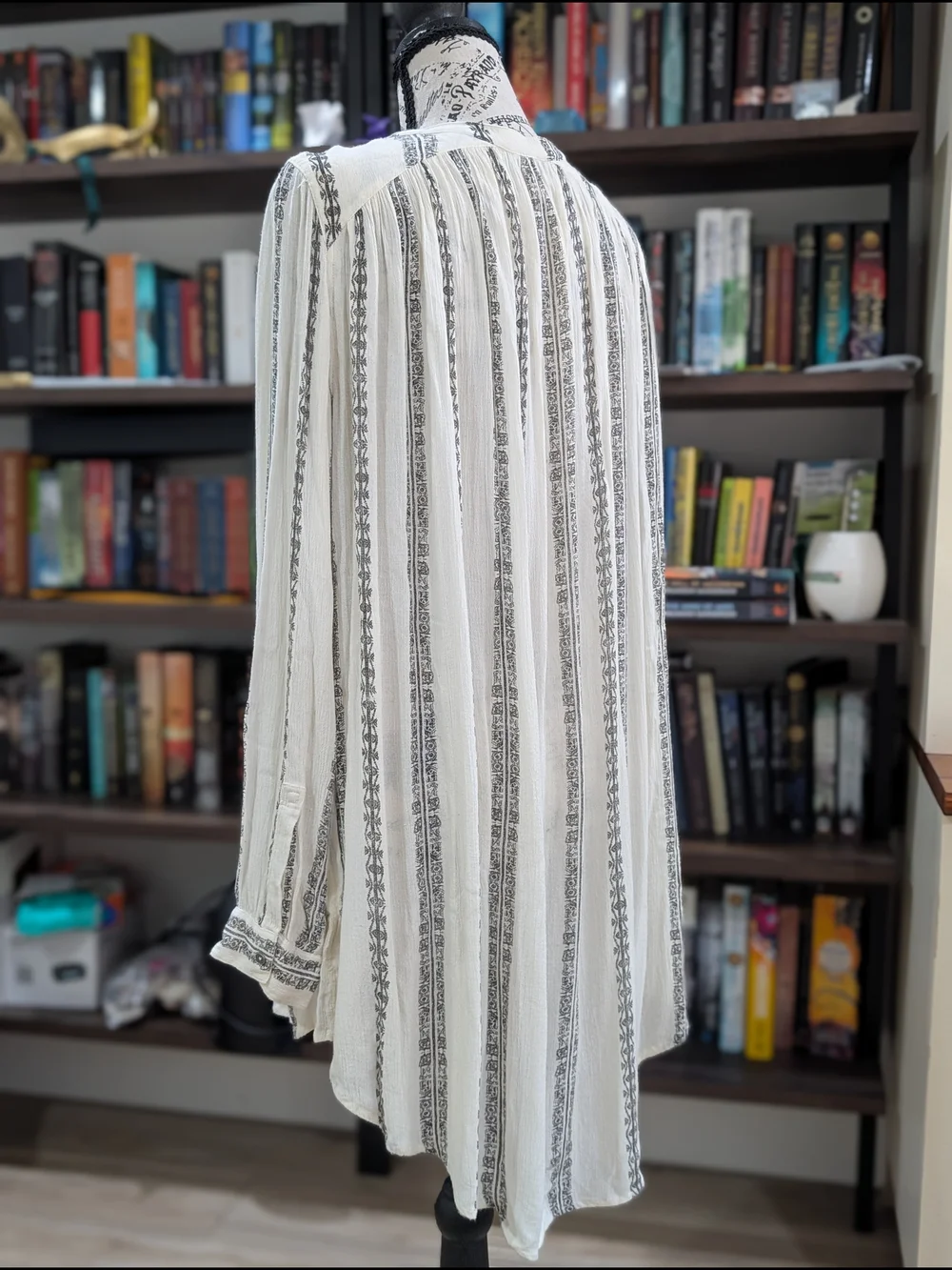 Free People White Boho Stripe Tunic Top with Black Accent Stripes